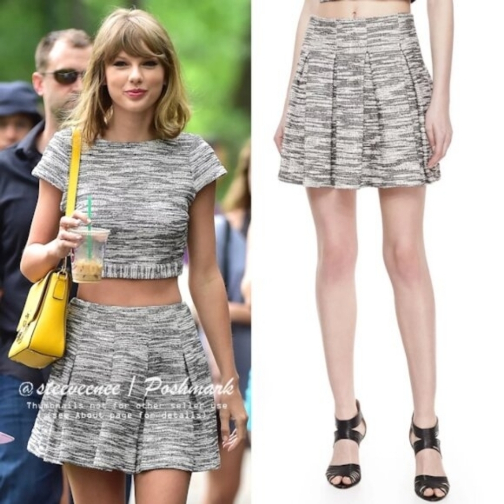 Alice + Olivia Salt & Pepper tweed pleated mini skirt As seen on Taylor Swift